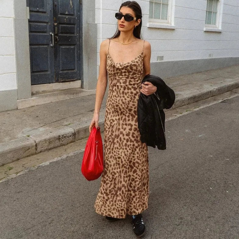 Leopard Print Spaghetti Sling Ruched Dresses