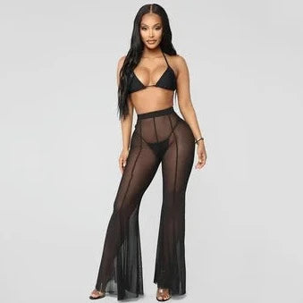 See Through Mesh Flared Trousers - Verostyle