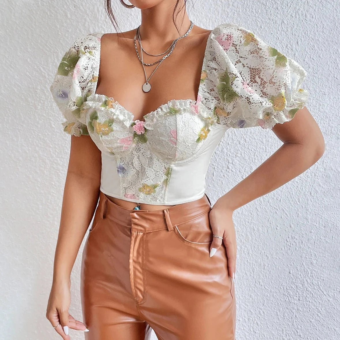 Lace Floral Embroidery Crop Top - Verostyle