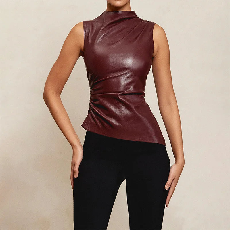 PU Leather Turtle Neck Sleeveless Top - Verostyle