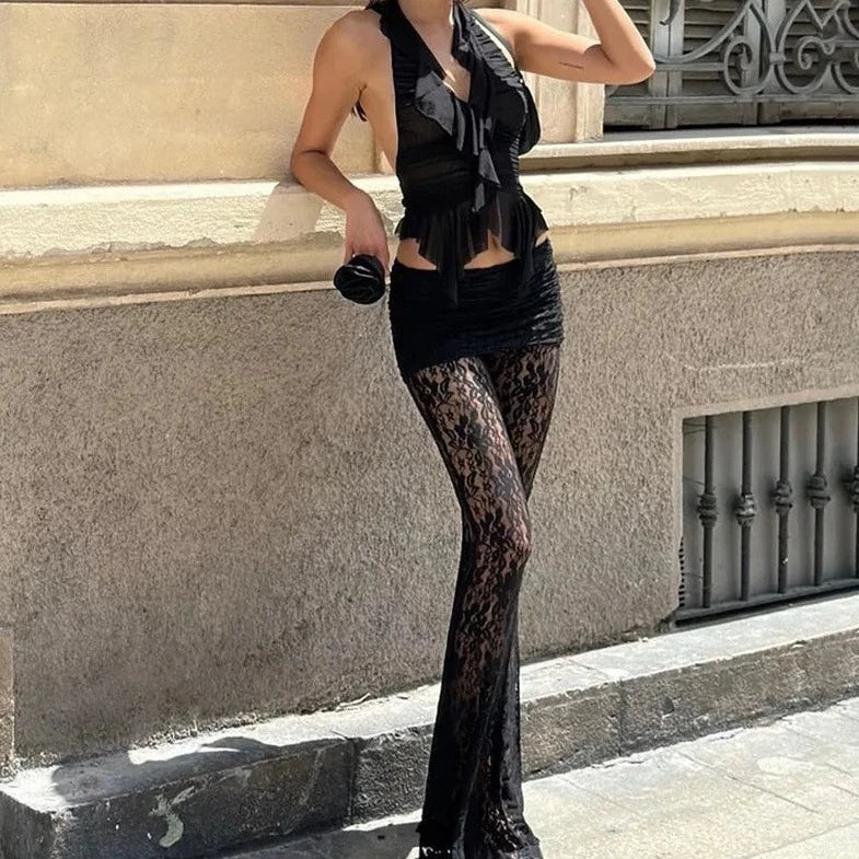 Black Lace Patchwork Wide Legged Pants - Verostyle