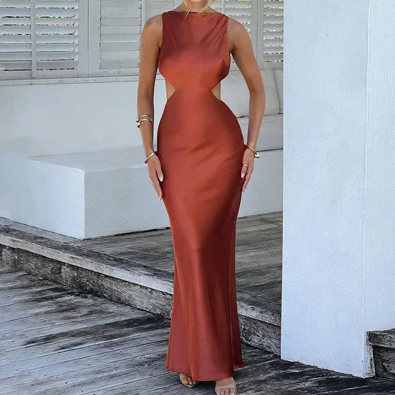 Backless Sleeveless Satin Dress - Verostyle