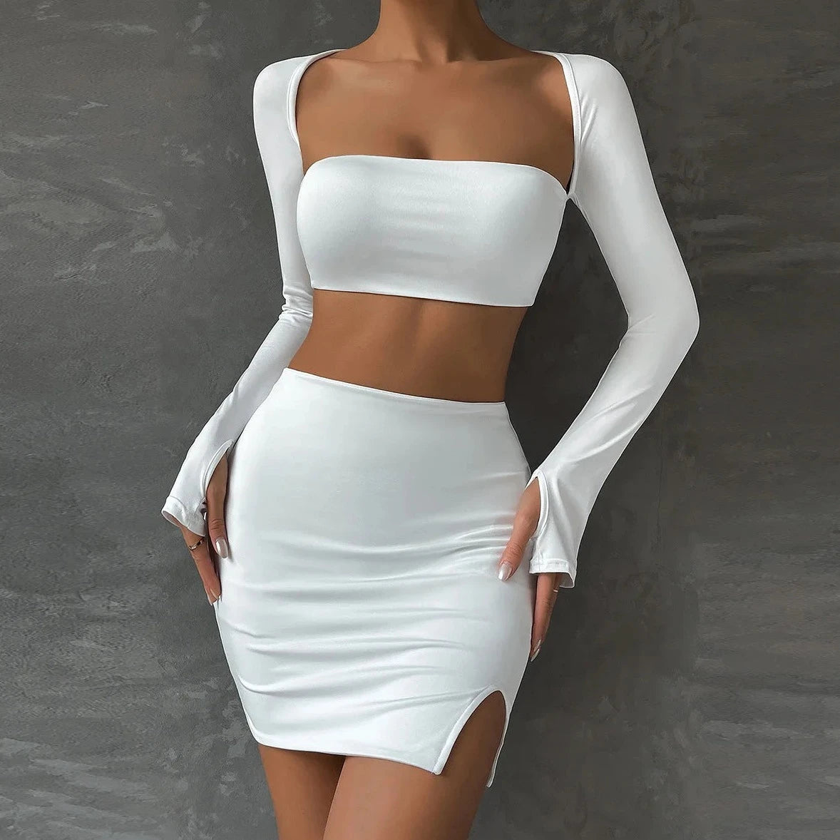 Long Sleeve Crop Top And Mini Skirt - Verostyle