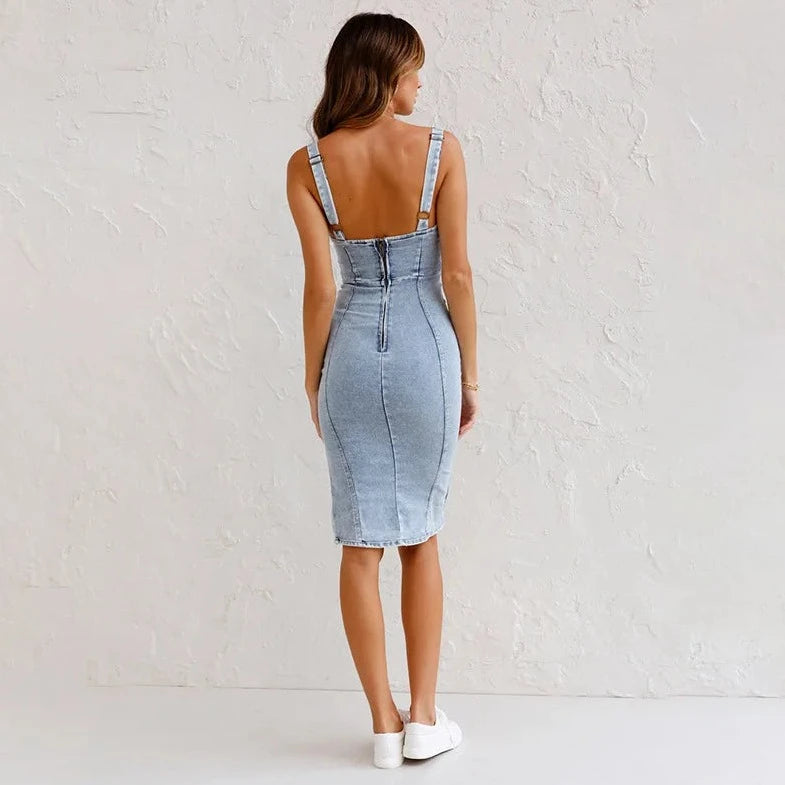 Sleeveless Slit Cut Denim Dress - Verostyle