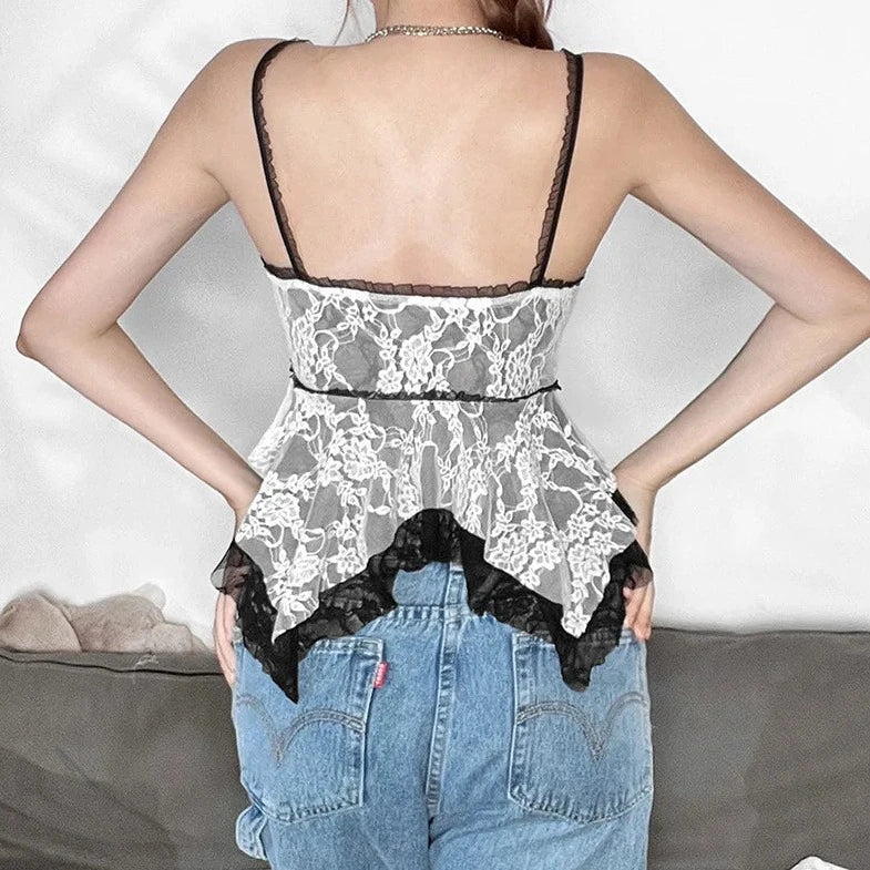 Lace Ruffle Flowered Crop Top - Verostyle