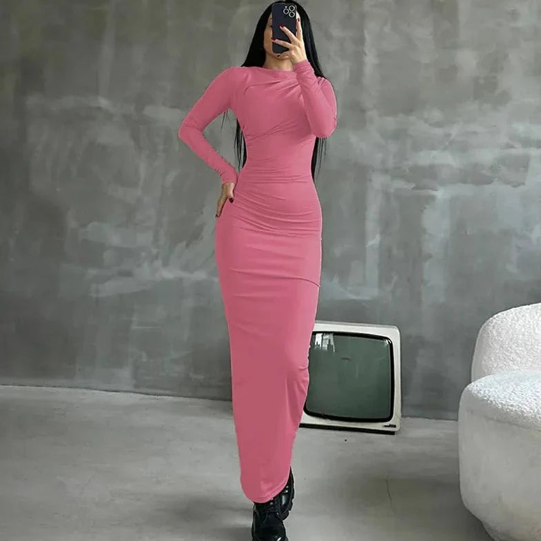 Solid Ruched Bodycon Maxi Dress - Verostyle