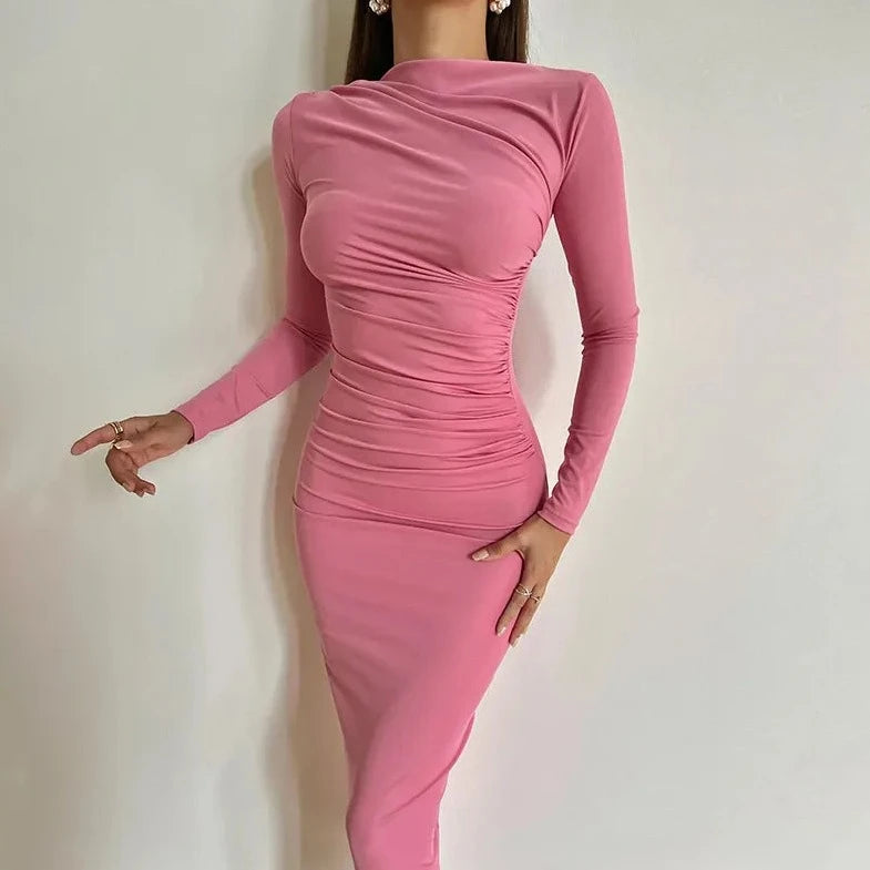 Solid Ruched Bodycon Maxi Dress - Verostyle