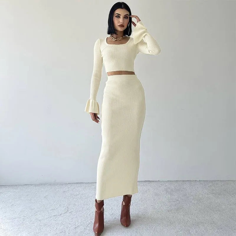 Solid Crop Top and Skirt Set - Verostyle