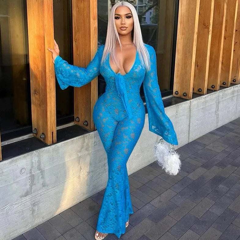 Blue Lace Bell Sleeve Jumpsuit - Verostyle