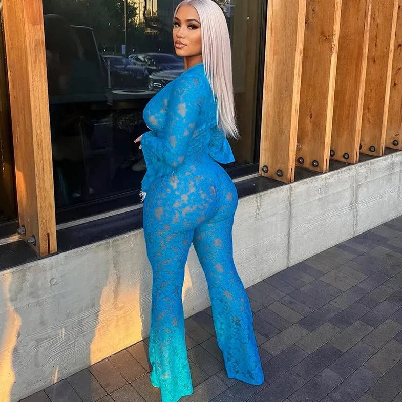 Blue Lace Bell Sleeve Jumpsuit - Verostyle