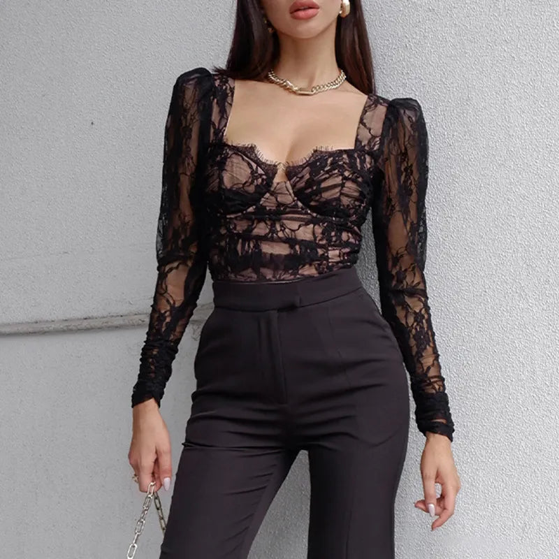 Long Sleeve Lace Bustier Top - Verostyle