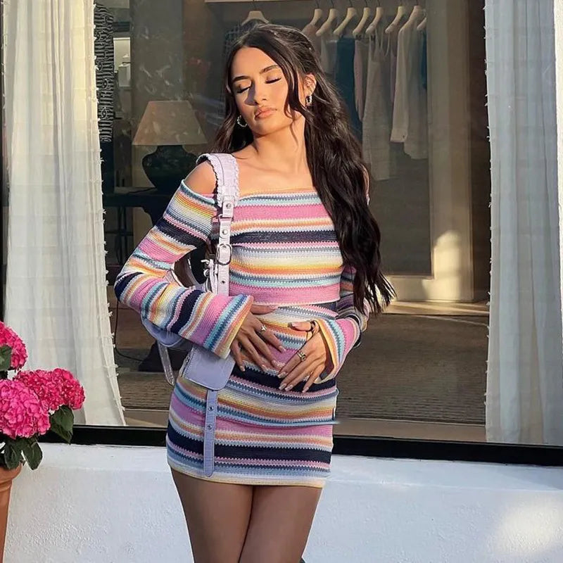 Striped Off-shoulder Mini Dress - Verostyle