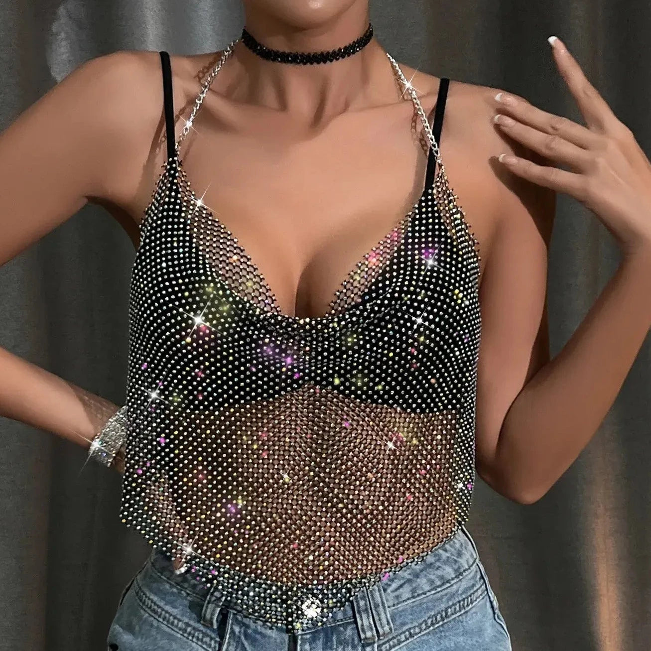 Shimmery Halter Neck Fishnet Top - Verostyle