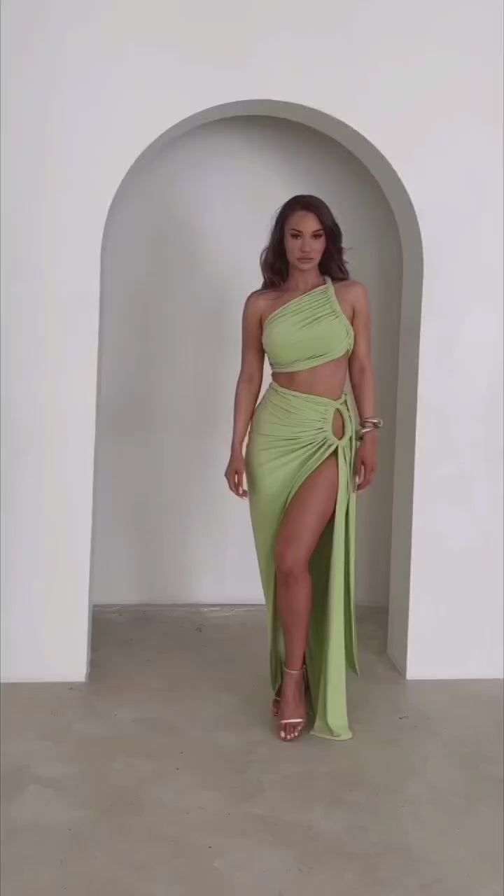 One Shoulder Crop Top And Slit Skirt - Verostyle